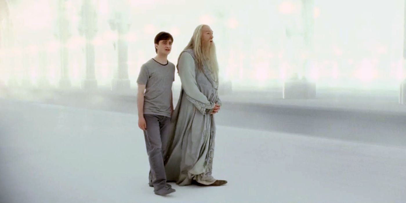 Harry e Dumbledore depois de lutarem contra Voldemort em Harry Potter e as Relíquias da Morte: Parte 2.