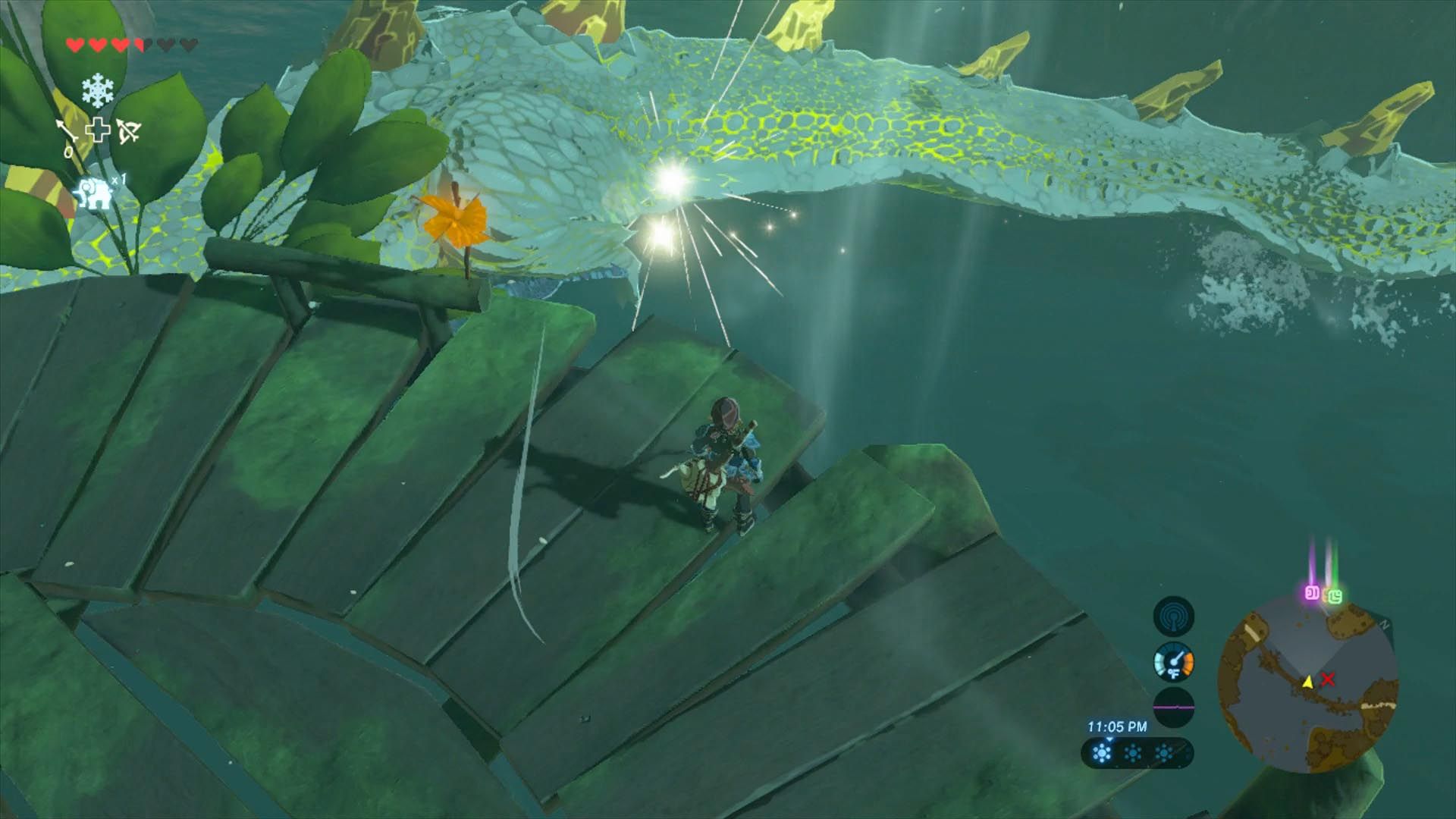 Link in front of the dragon Farosh at Floria Falls in Breath of the Wild. 