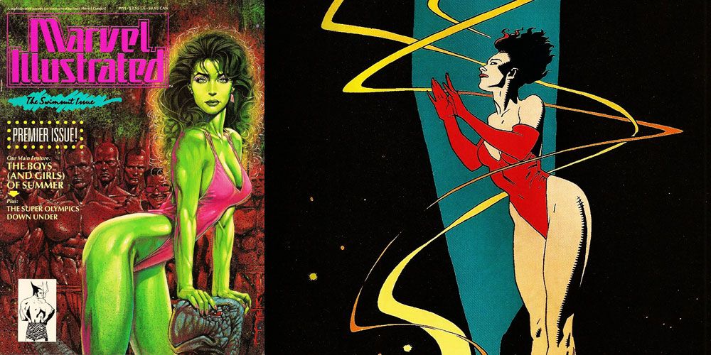 A split image of She-Hulk on Marvel's Swimsuit issue and Mike Mignola's Scarlet Witch