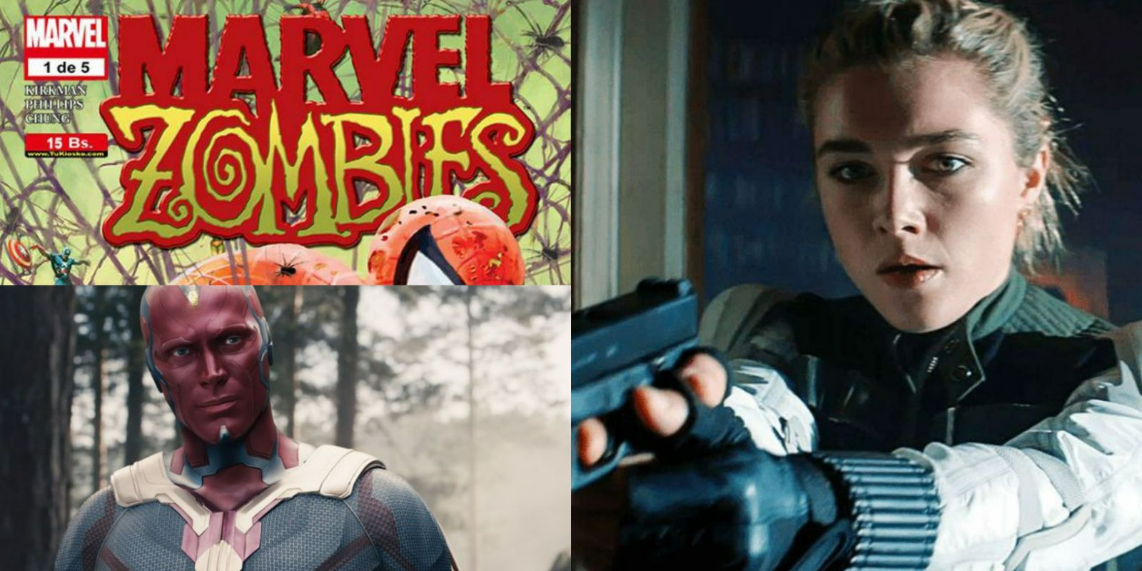 A split image of the Marvel Zombies logo, The Vision, and the new Black Widow in the MCU