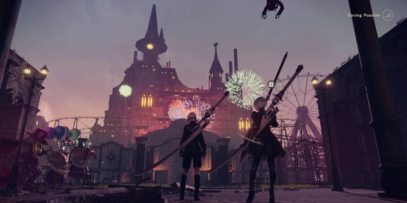 Nier Automata Amusement Park 2B and 9S watching fireworks