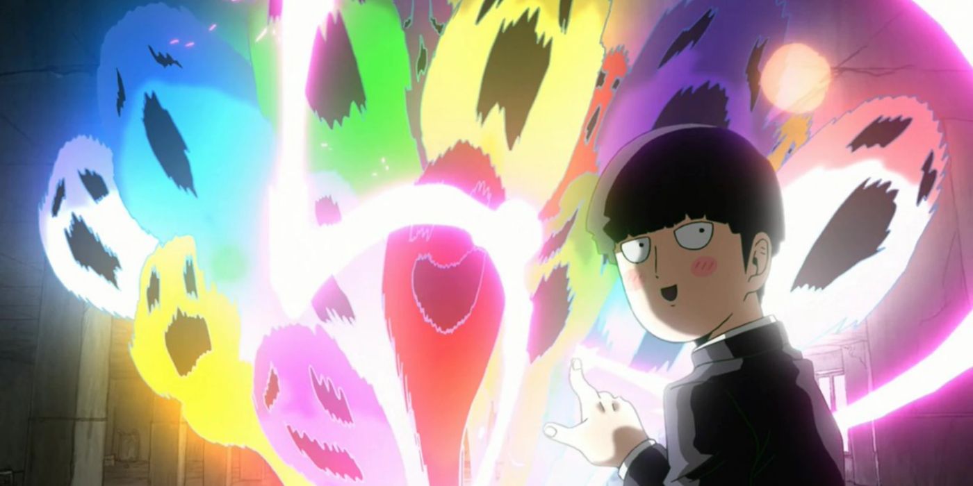 Mob with colorful ghosts in Mob Psycho 100.