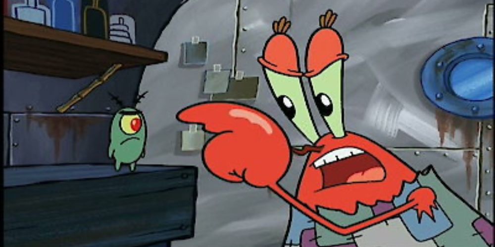 Young Plankton and Mr. Krabs fighting