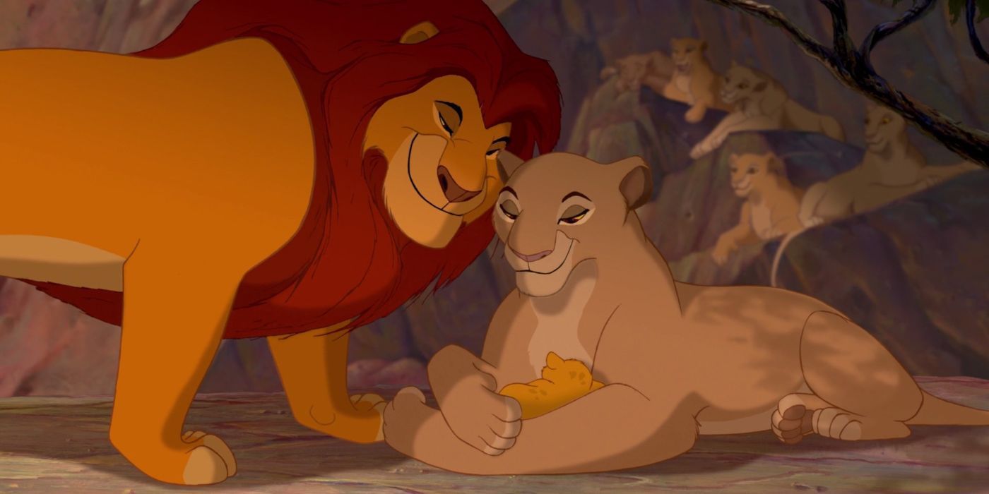 Mufasa and Sarabi holding newborn Simba in The Lion King