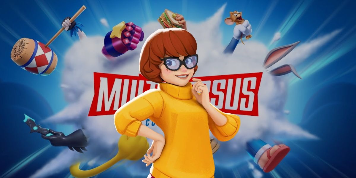 An image of MultiVersus' Velma standing in front of the MultiVersus logo