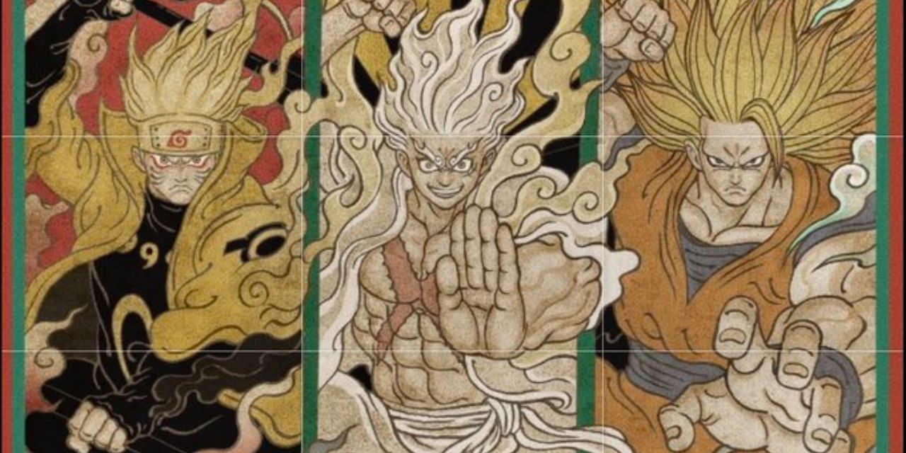 naruto, dragon ball and one piece ukiyo-e fanart