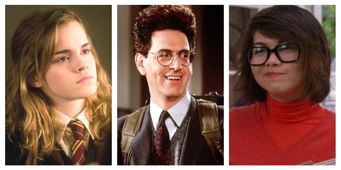 Photo collage of nerdy characters (Hermione, Egon, and Velma) from various films