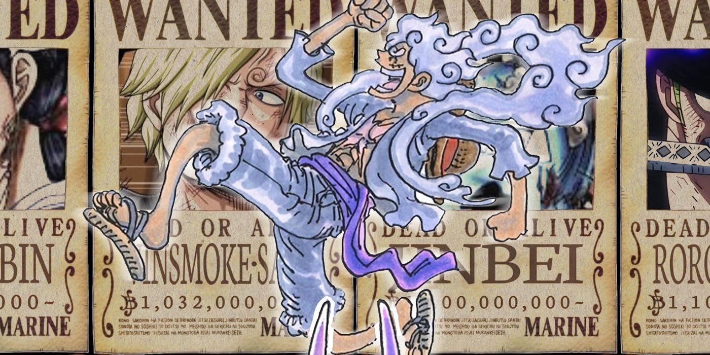 Gear 5 Luffy running across the Straw Hats' Wanted Posters
