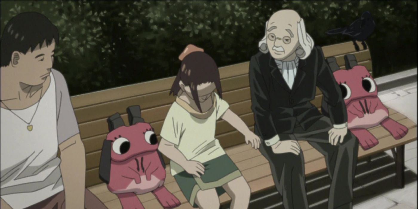 A found family sits on a park bench in paranoia agent