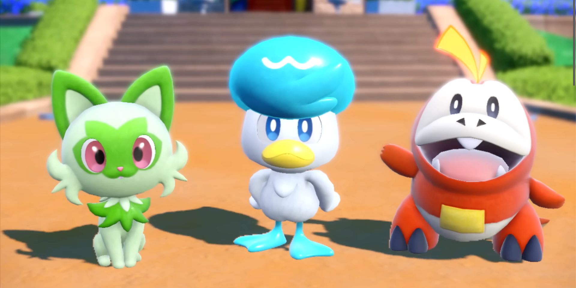 Sprigatito, Fuecoco, and Quaxly, the Starter Pokemon from Scarlet & Violet