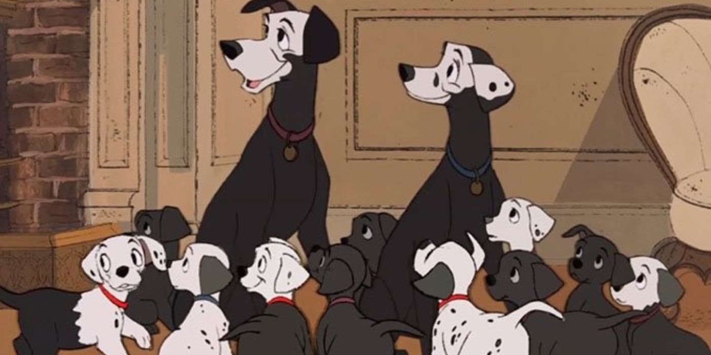 Pongo, Perdita, and their puppies covered in soot in 101 Dalmatians.
