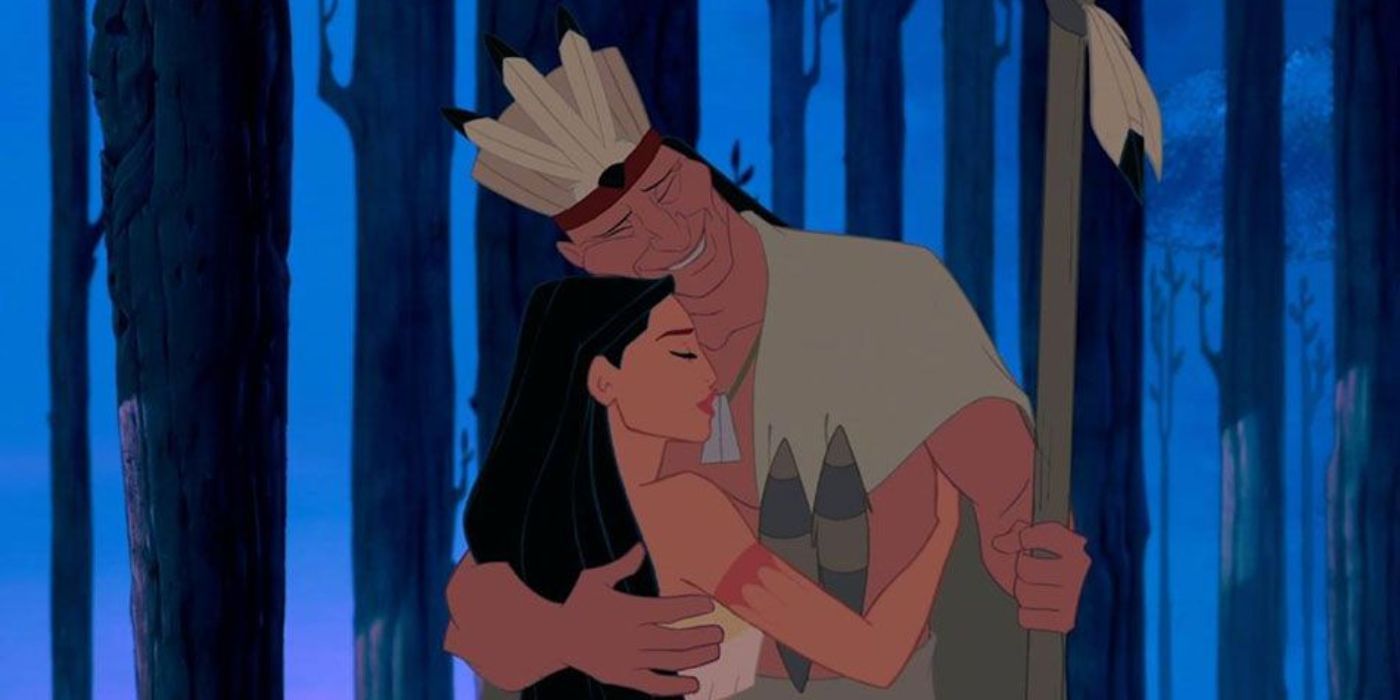 Pocahontas and Chief Powhatan hugging, Pocahontas