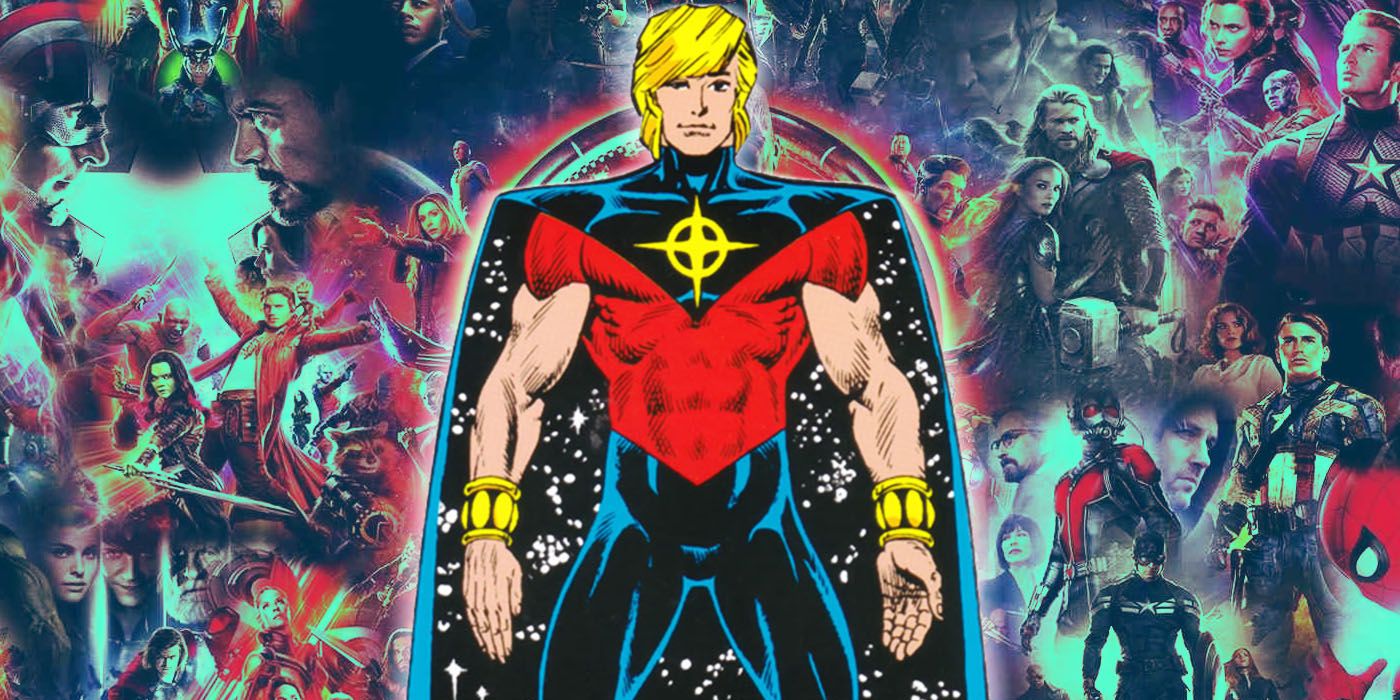 Marvel hero Quasar against a collage of heroes from the MCU