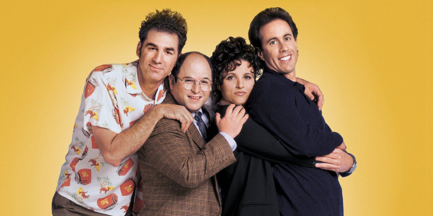 Cast of Seinfeld in front of a yellow background