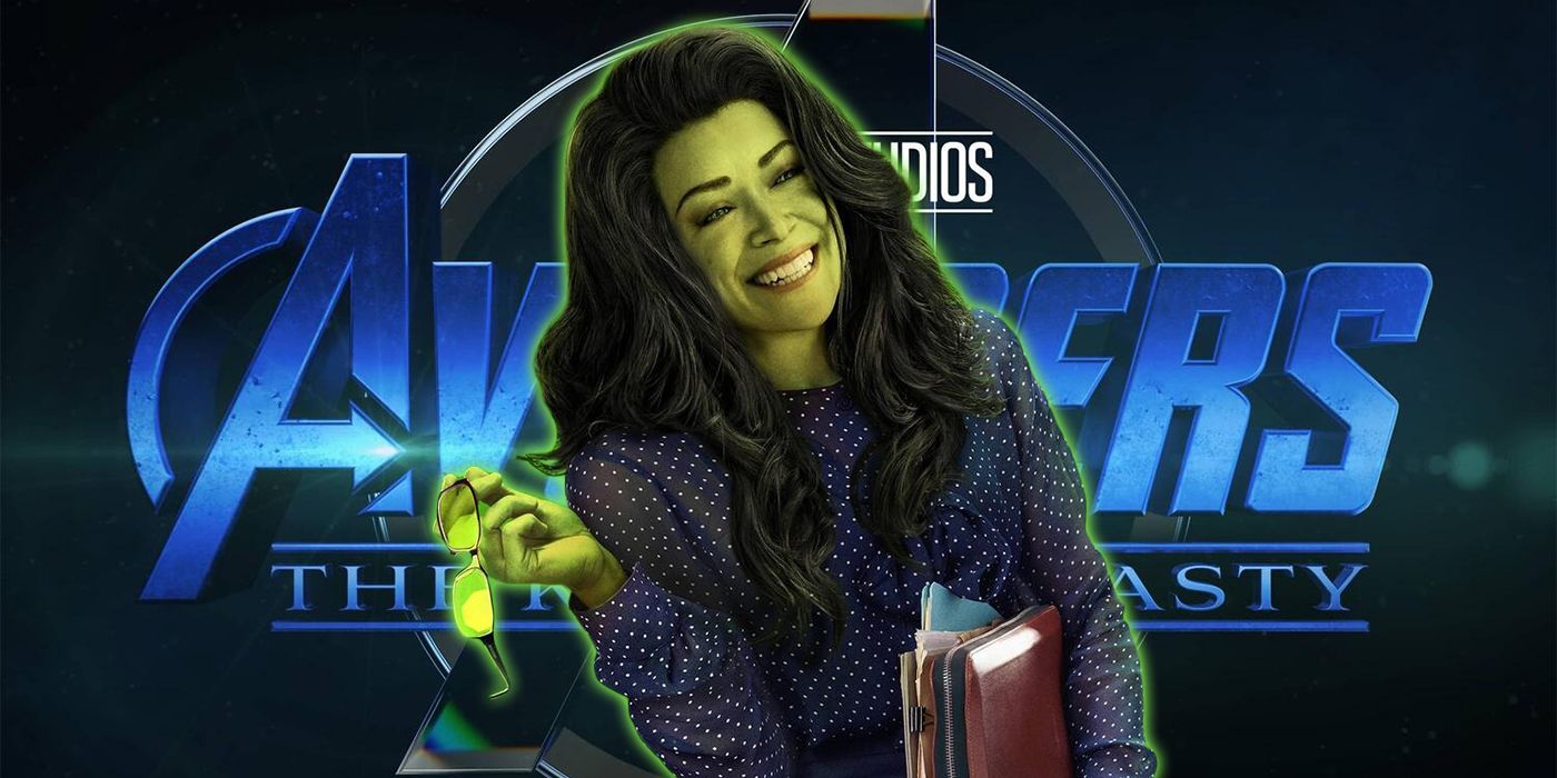 she-hulk holding glasses and documents over avengers kang dynasty logo