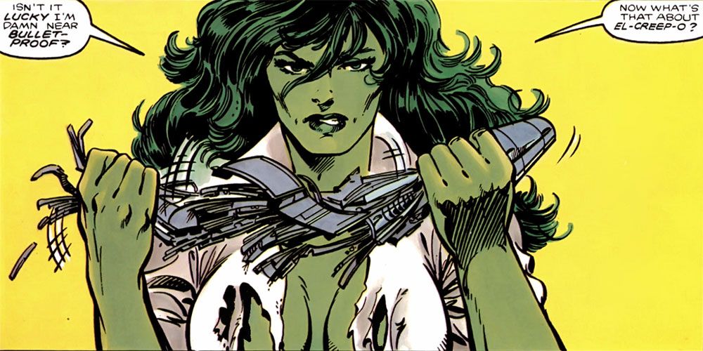 She-Hulk in a torn shirt in Marvel Comics