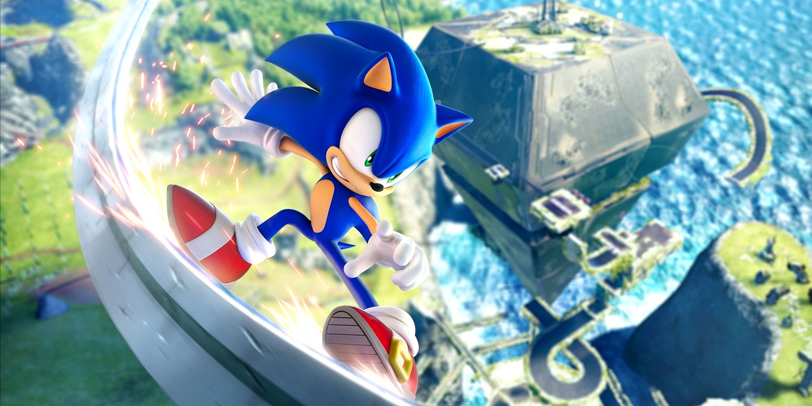 Sonic The Hedgehog moendo em um trilho na arte promocional de Sonic Frontiers