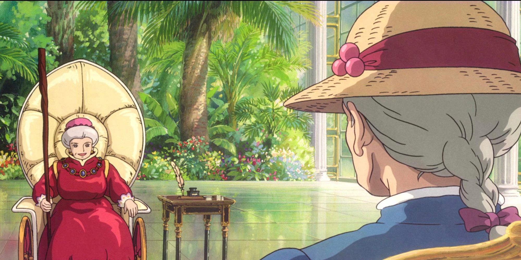 Sophie and Madame Suliman talk near a lake in Howl's Moving Castle