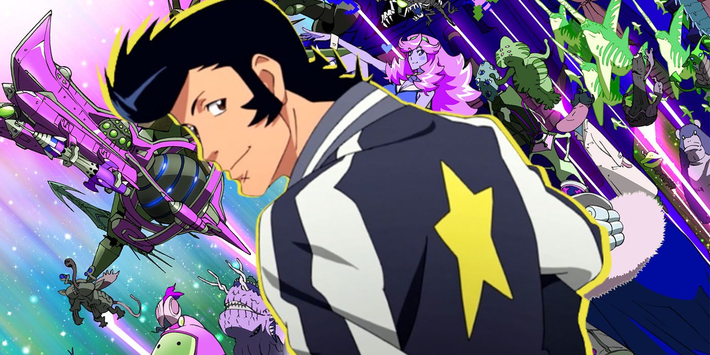 Dandy wearing his signature jacket with characters zooming across the screen in Space Dandy