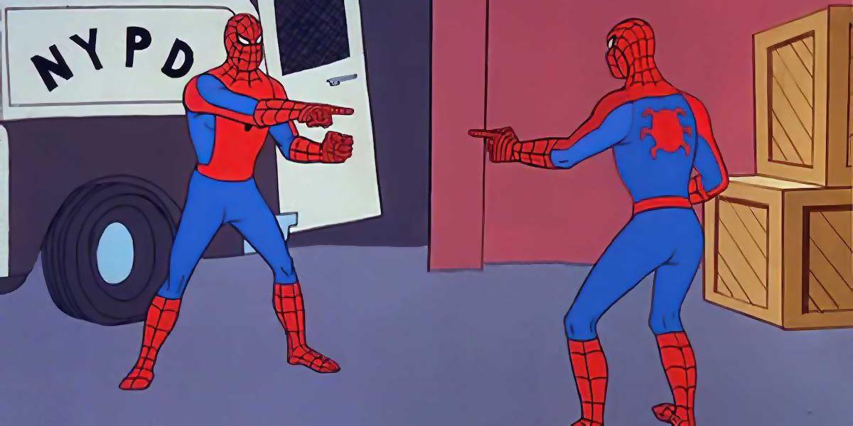The Spider-Man pointing meme, showing Spider-Man pointing a doppelganger who points back at him.