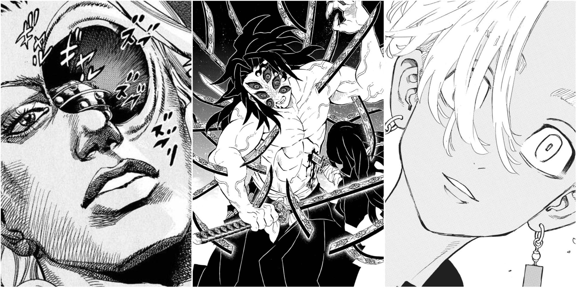 split image of funny valentine jojo's bizarre adventure steel ball run, kokushibo demon slayer, and inaza kurokawa tokyo revengers