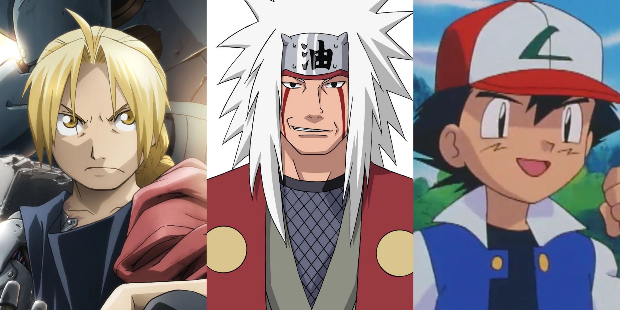 split image of the elric brothers fullmetal alchemist brotherhood, jiraiya naruto shippuden, and ash ketchum pokemon