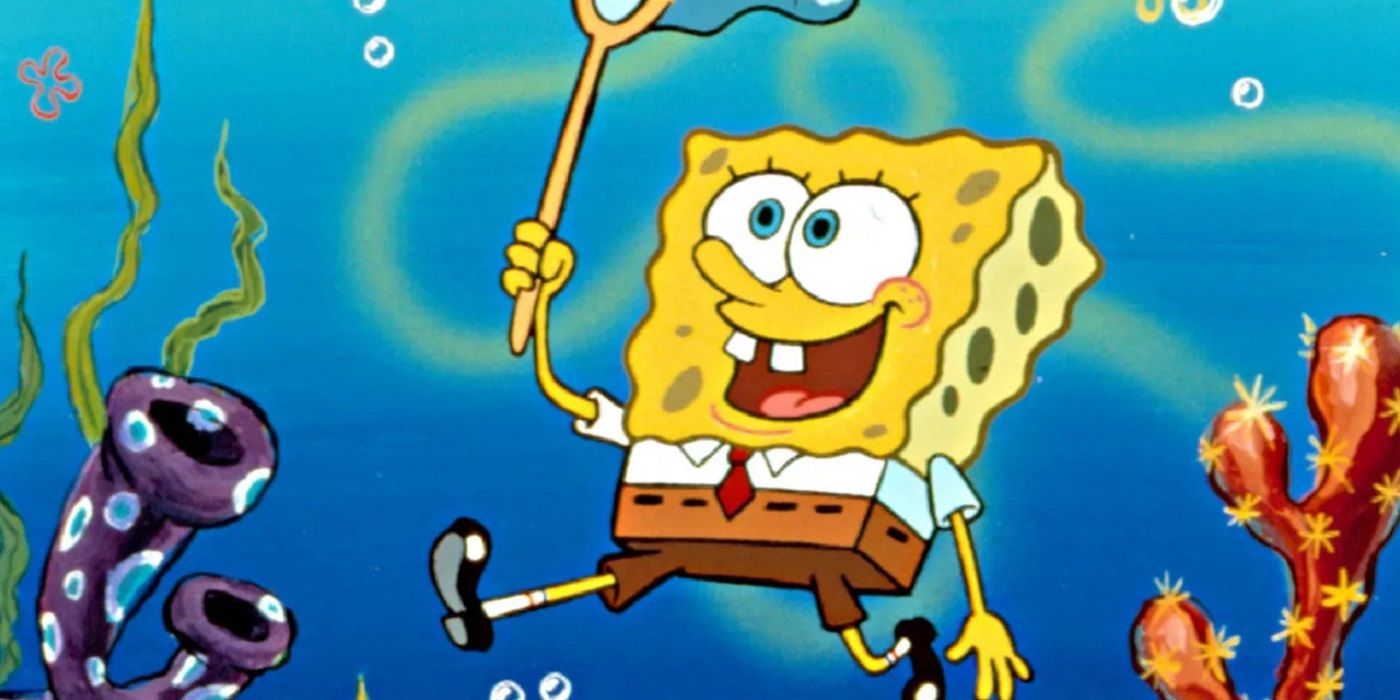 SpongeBob catching bubbles with a net