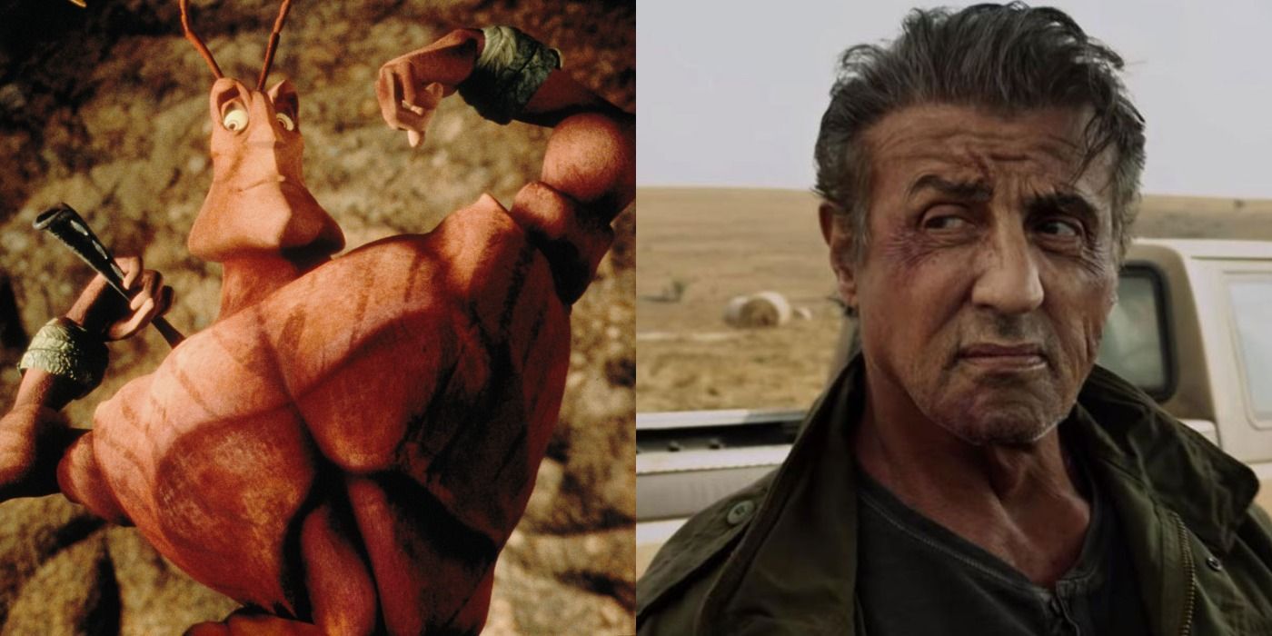 A split image of Weaver from Antz and Sylvester Stallone