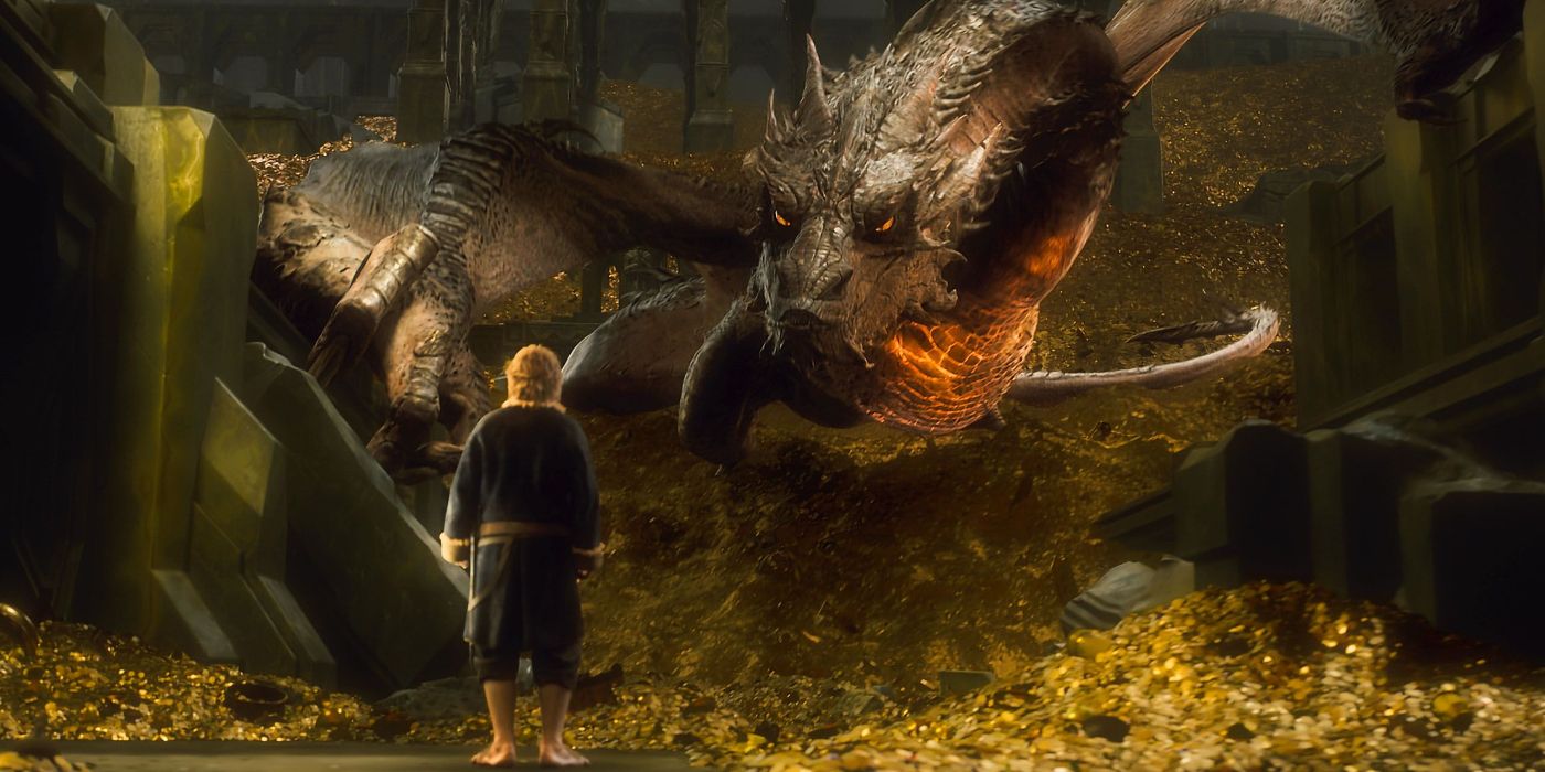 Bilbo stands before Smaug and his gold in The Hobbit: The Desolation of Smaug.