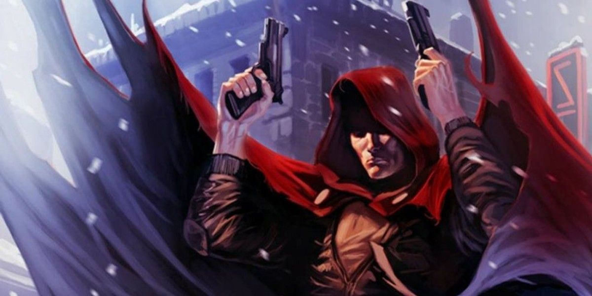 An image of the Hood raising his guns in Marvel Comics