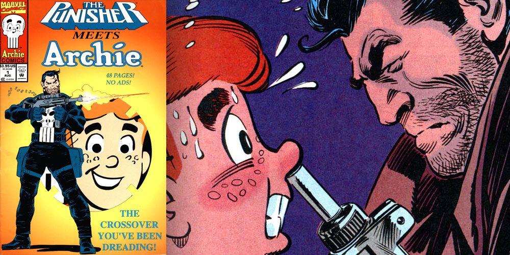 The Punisher sticks an automatic rifle into Archie Andrews' nose in The Punisher Meets Archie