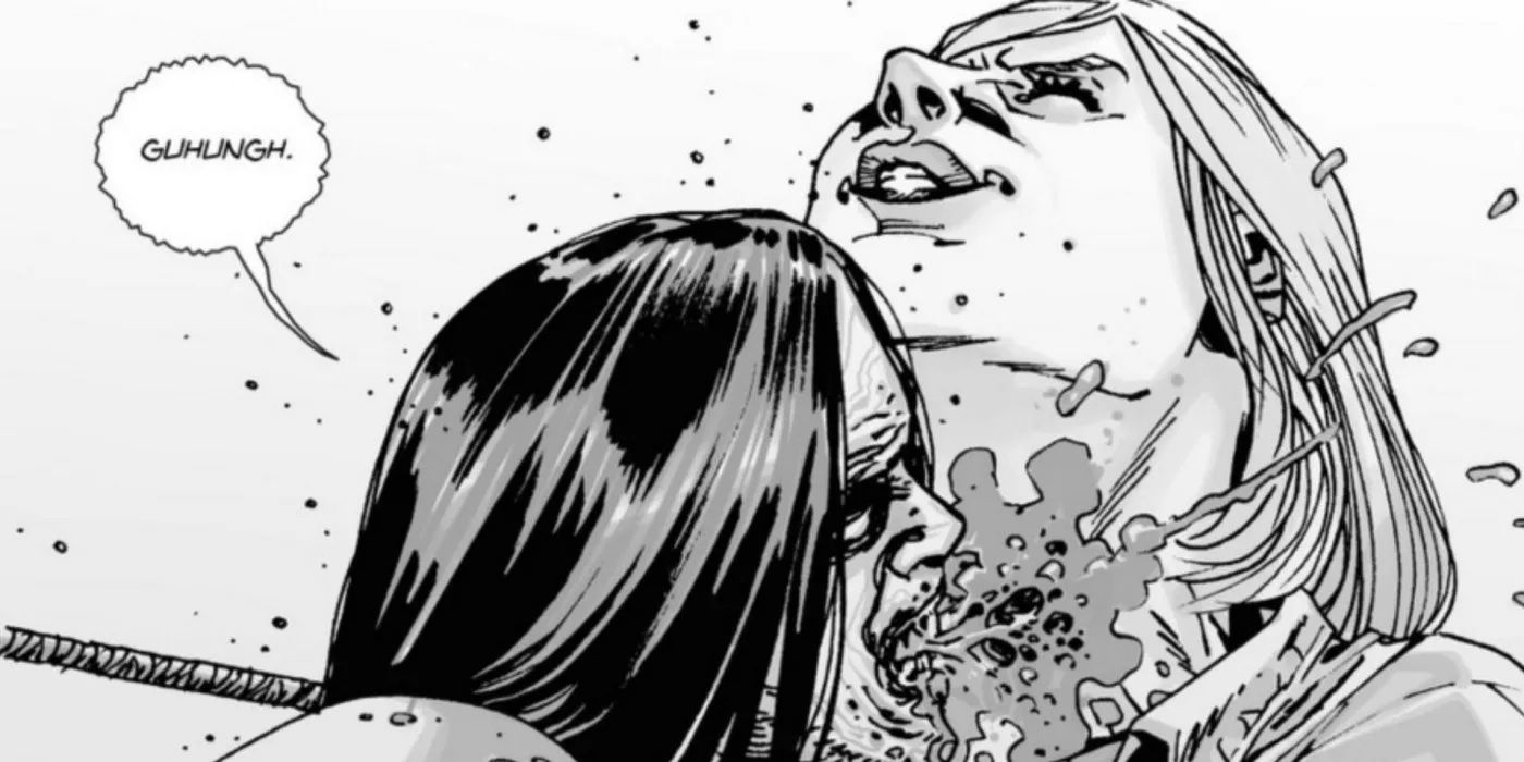A zombie bites Carol's neck in Walking Dead comic