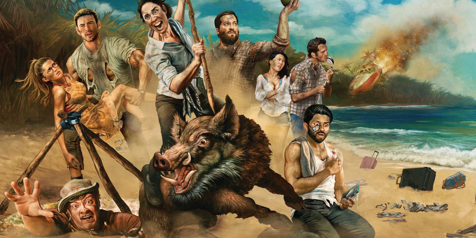 A painting of the cast of Wrecked fighting a wild boar