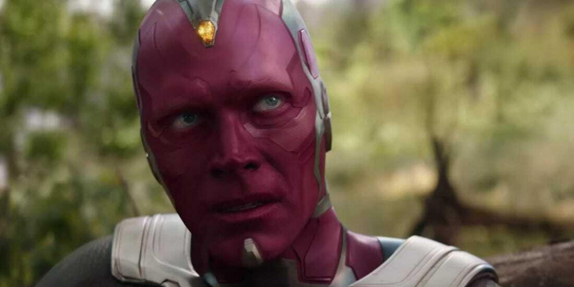 The Vision in a forest in Infinity War in the MCU.