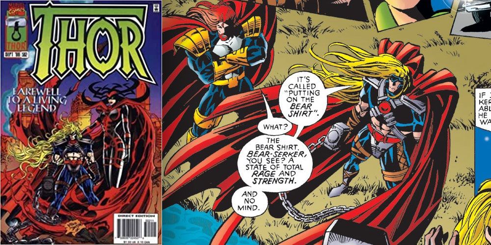 Thor's wearing his dark, bare-midriff costume, wreathed in a flowing cape, in Marvel Comics