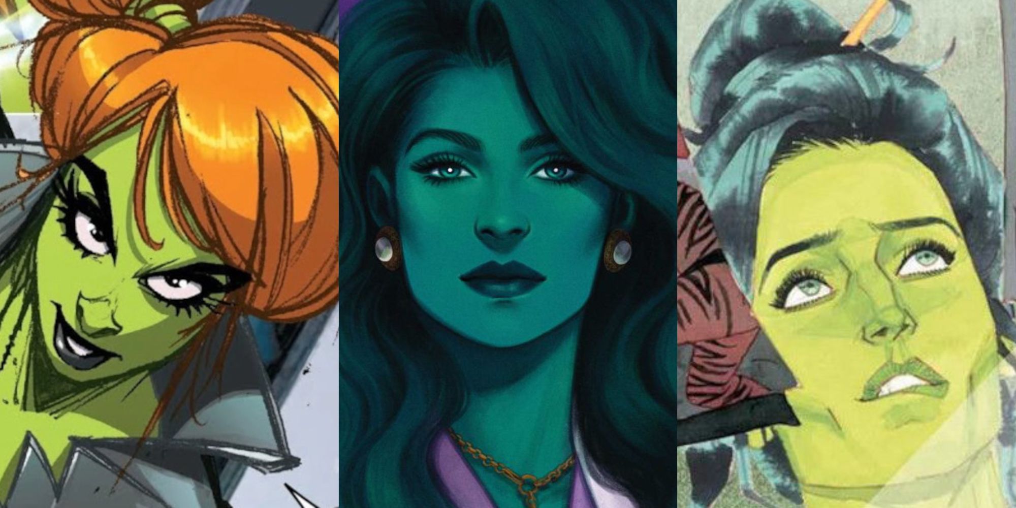 Split image featuring three different she-hulk iterations from the comics
