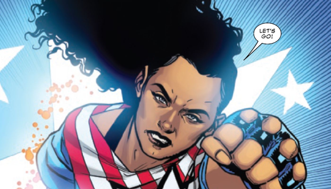 Thunderbolts team member, America Chavez flying through the air in Marvel Comics
