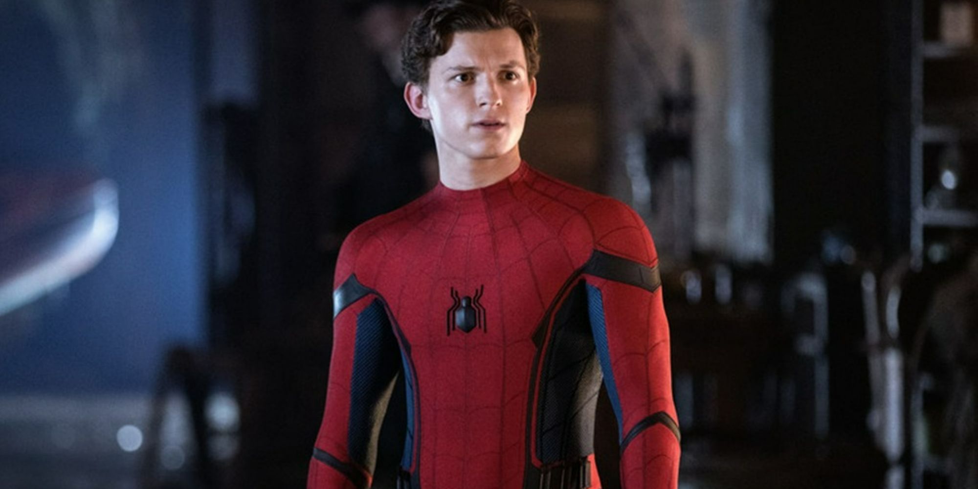 Tom Holland's Spider-Man in Far From Home in the MCU looking off screen.