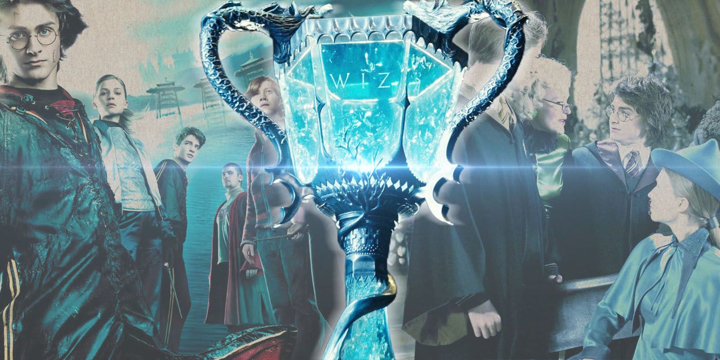 A Triwizard Tournament trophy in front of Harry Potter characters