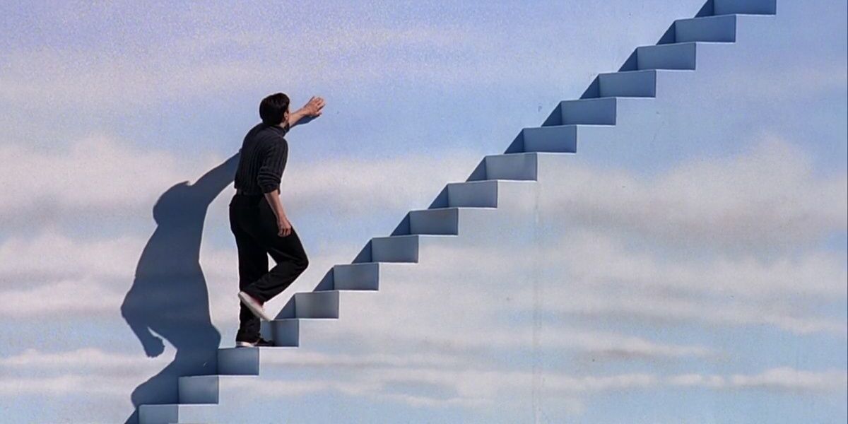 The Truman Show: Truman finds a hidden staircase on set.