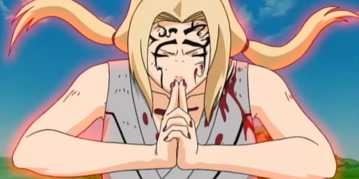 Tsunade from Naruto using her healing jutsu.