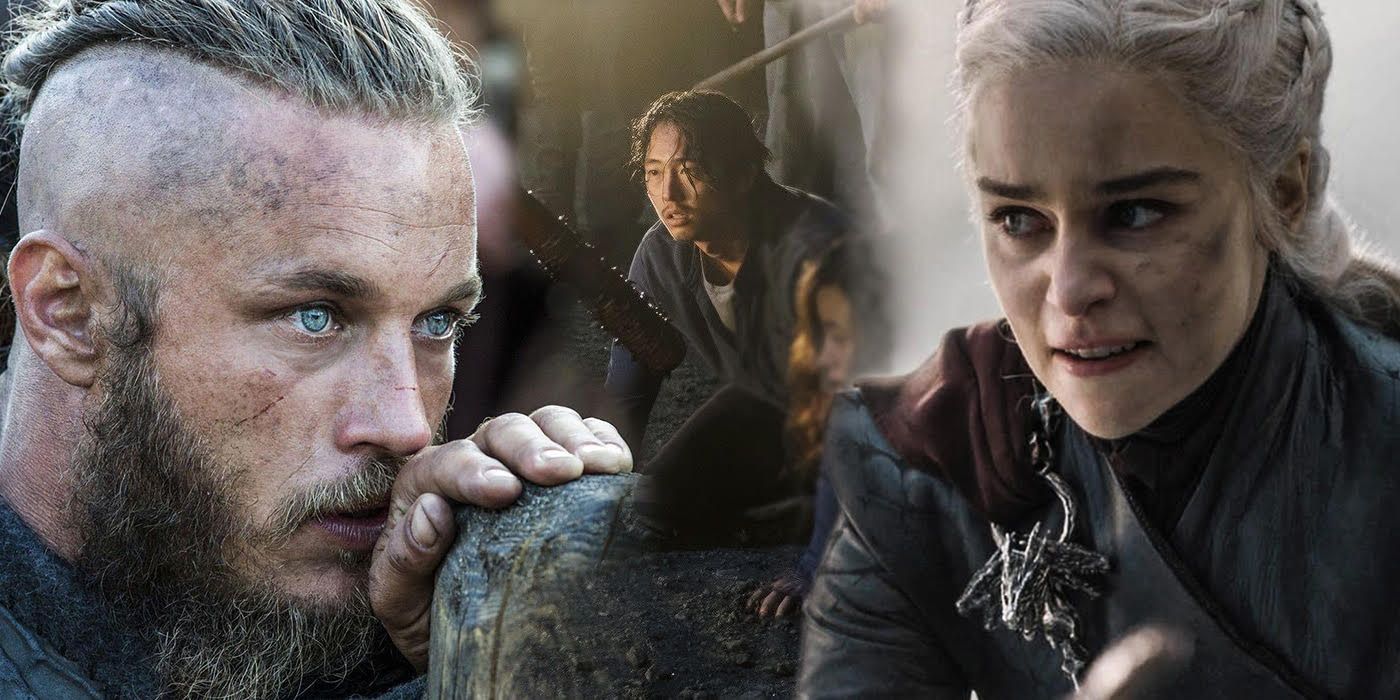 Split image of ruined TV characters, including Ragnar, Glenn, and Daenerys