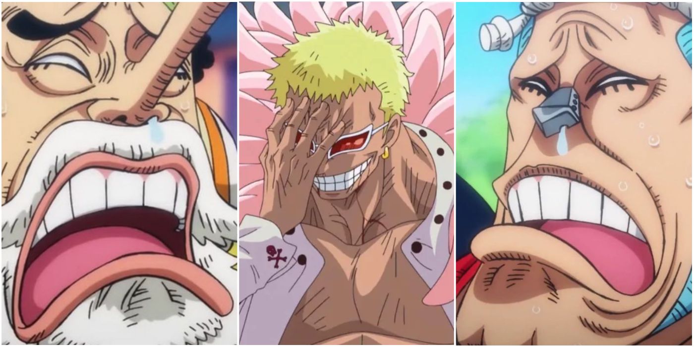 usopp, Donquixote Doflamingo, and franky making funny faces in one piece