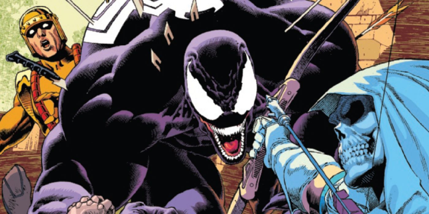 Venom faces a skull-faced archer in Marvel Comics