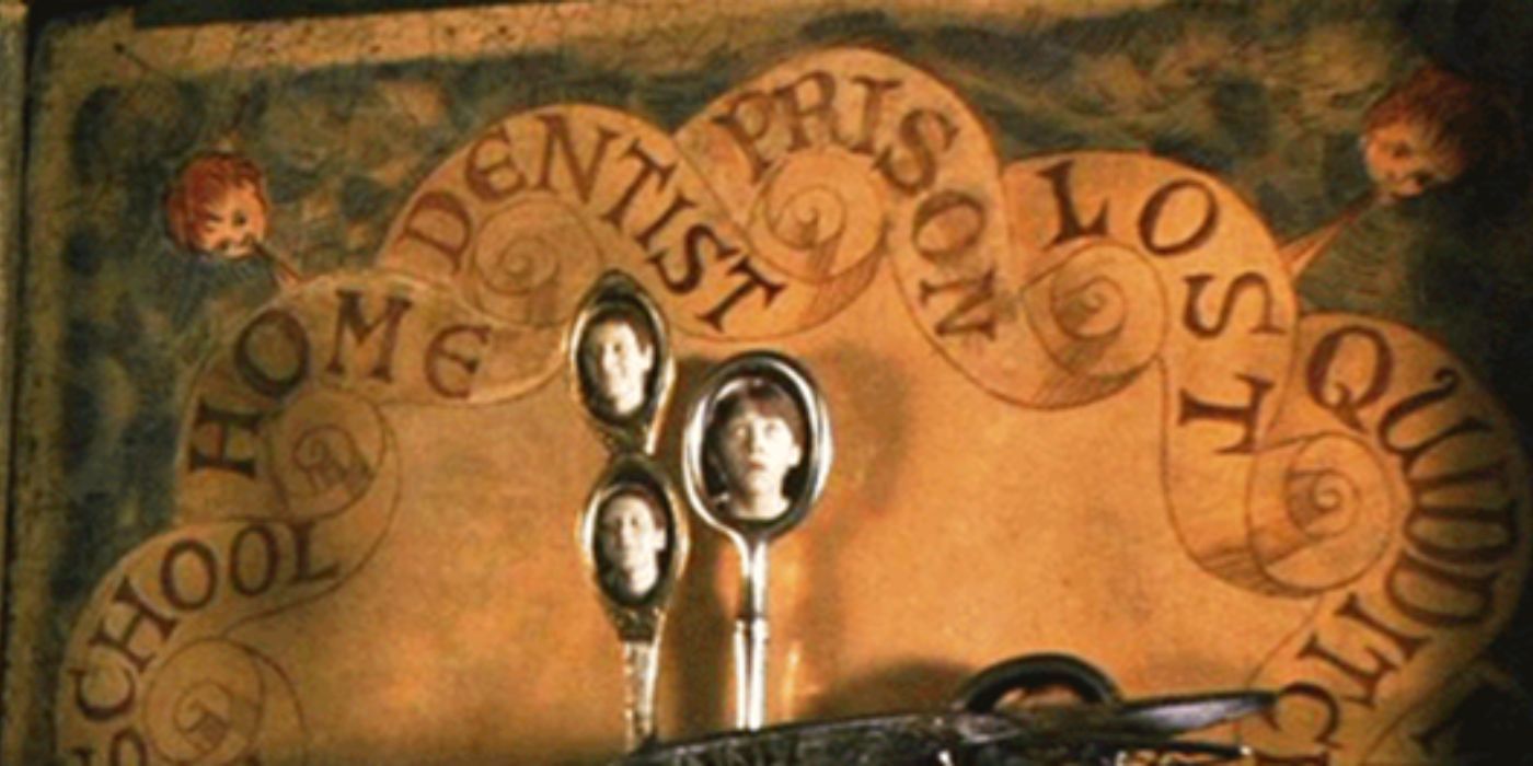 The Weasley Family Clock in Harry Potter with Ron and the twins pointing at dentist