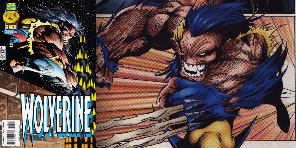 A fierce-but-noseless Wolverine attacks, claws extended, in Marvel Comics