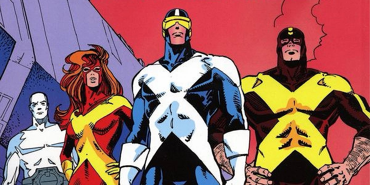 Da Marvel Comics, Iceman, Jean Grey, Cyclops e Beast estão vestidos com os trajes do X-Factor.