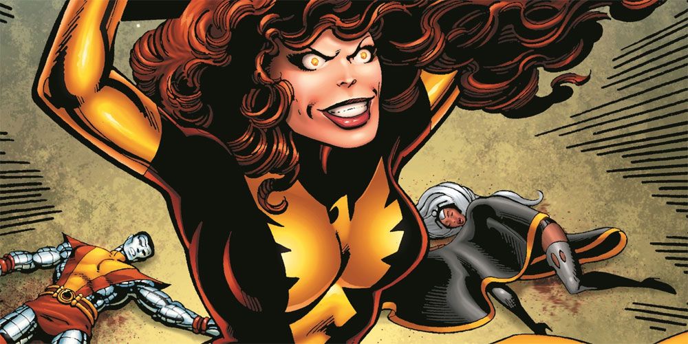An image of the Dark Phoenix standing victorious over the fallen X-Men in Marvel Comics