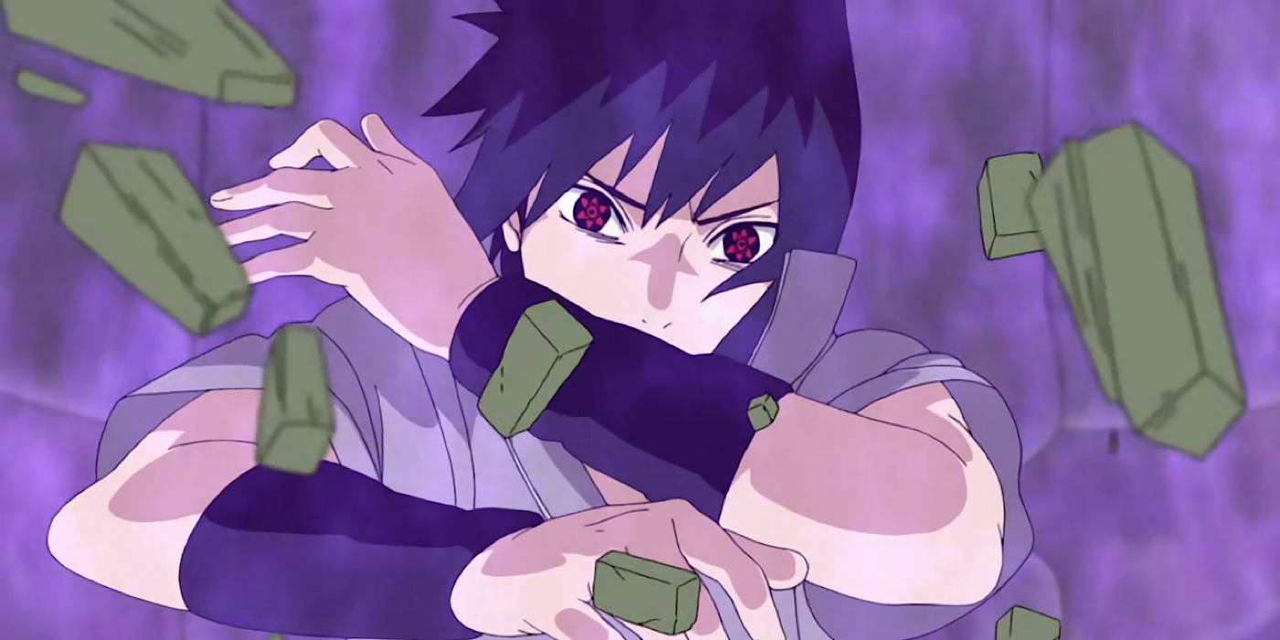 Sasuke holding his arms out infront of him to protect his face from flying rocks