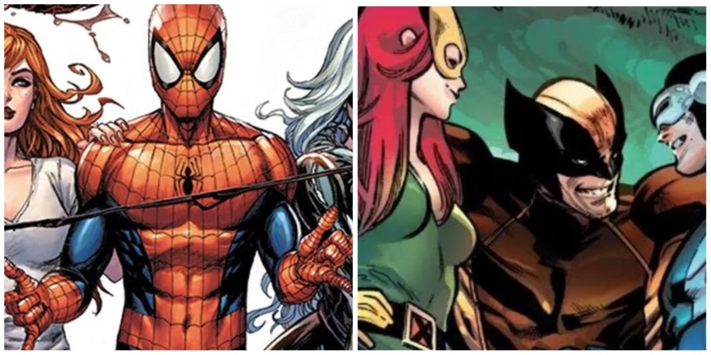 A split image of MJ, Spider-Man, Black Cat and Jean, Wolverine, and Cyclops in Marvel Comics